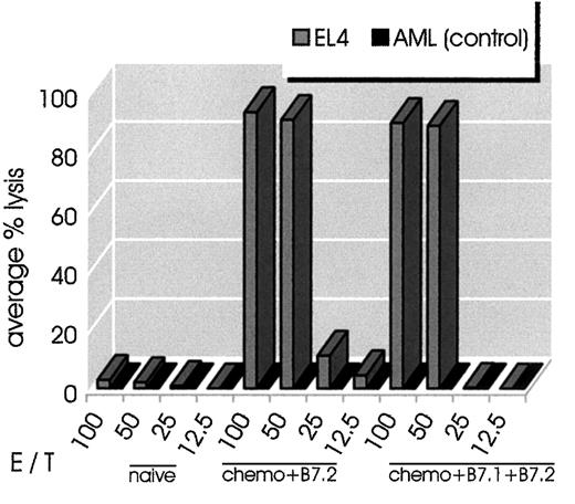 Fig. 5. Combination therapy leads to long-lasting tumor-specific CTL activity. / Splenocytes from mice that had been cured from EL-4 lymphoma (chemotherapy plus B7.2-IgG or chemotherapy plus B7.1- plus B7.2-IgG) were stimulated in vitro with irradiated EL-4 cells as described in “Materials and methods.” At 6 days later, cells were harvested and used as effector cells in the indicated E/T ratios. Target cells (H-2b EL-4 or control H-2s AML cells) were incubated with 51Cr for 90 minutes. The standard 4-hour CTL assays were set up in a total volume of 0.2 mL per well in 96-well microtiter plate. All conditions were set up in quadruplicate. As control in the experiment, normal C57BL/6 splenocytes were tested for CTL activity on EL-4 and AML cells. Splenocytes from combination-treated mice had strong CTL activity against EL-4 cells but not AML cells.