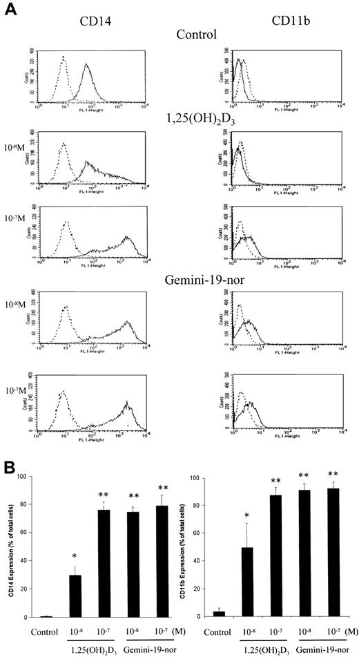 Fig. 4. Induction of cell surface antigens on HL-60 cells by vitamin D3 compounds. / HL-60 cells were treated for 4 days with different concentrations (10−8 or 10−7 M) of either 1,25(OH)2D3 or Gemini-19-nor and then analyzed for expression of either CD11b or CD14 using flow cytometry. (A) Dashed line indicates negative control antibody; solid line, CD11b or CD14. (B) Column indicates mean (± SD) of 3 independent experiments. *P < .05; **P < .01 as determined by Student t test difference compared with the control group. Histograms show representative results from one experiment.
