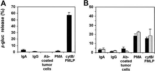 Fig. 4. Mobilization of azurophilic granules by human (A) and mouse (B) PMNs. / Human PMNs, Tg Mac-1+/− PMNs (▪), and Tg Mac-1−/− PMNs (░) were incubated on IgA- or IgG-coated surfaces or on Ab-coated SK-BR-3 cells for 30 minutes. PMNs were detached from tumor cells by cytochalasin B, and supernatants were analyzed for β-glucuronidase (β-gluc) activity. In addition, PMNs were stimulated for 15 minutes with PMA or with FMLP in the presence of cytochalasin B. The β-glucuronidase release is presented as the percentage of total activity present in PMNs. Results are expressed as mean ± SEM from either 4 (A) or 3 (B) individual experiments.