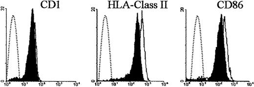 Fig. 7. Effect of G-CSF on donor DC phenotype. / Shown is the surface expression of CD1, HLA class II, and CD86 molecules on DCs differentiated from donor monocytes exposed to G-CSF. Donor monocytes were incubated in the presence of G-CSF for 24 hours, washed, subjected to standard DC differentiation conditions, and phenotyped by immunofluorescence. Shaded areas indicate DCs differentiated from G-CSF–treated monocytes; solid lines, control DCs; and broken lines, negative controls.