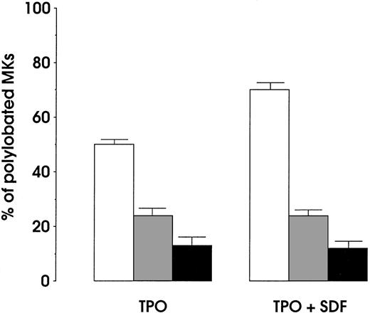 Fig. 9. MK polyploidization decrease after treatment with PD98059. / The effect of MAPK inhibitor PD98059 was evaluated on differentiating MKs grown in the presence of TPO (100 ng/mL) alone or in combination with SDF-1α (1 μg/mL). Percentage of polylobated MKs derived from cultures grown in the presence of either 25 μM/L (░) or 50 μM/L (▪) PD98059 was evaluated by morphological analysis. An equal volume of diluent (DMSO) added to mock culture (■) had no adverse effects on polyploidization as compared with the untreated culture. Data from day 9 culture are presented as mean values ± SEM of 3 independent experiments.