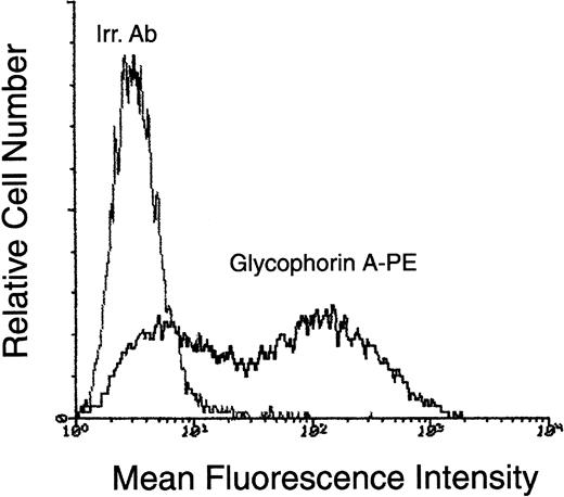 Fig. 6. Surface phenotype of CD34+-derived erythroblasts at day 10 of liquid culture. / At day 10, cells obtained in liquid cultures supplemented with the SCF + IL-3 + EPO were phenotypically characterized by staining with PE-conjugated anti–glycophorin A. Negative controls are represented by cells stained with isotype-matched PE-conjugated irrelevant monoclonal antibodies (Irr. Ab). Representative results from 1 of 6 separate experiments are shown.