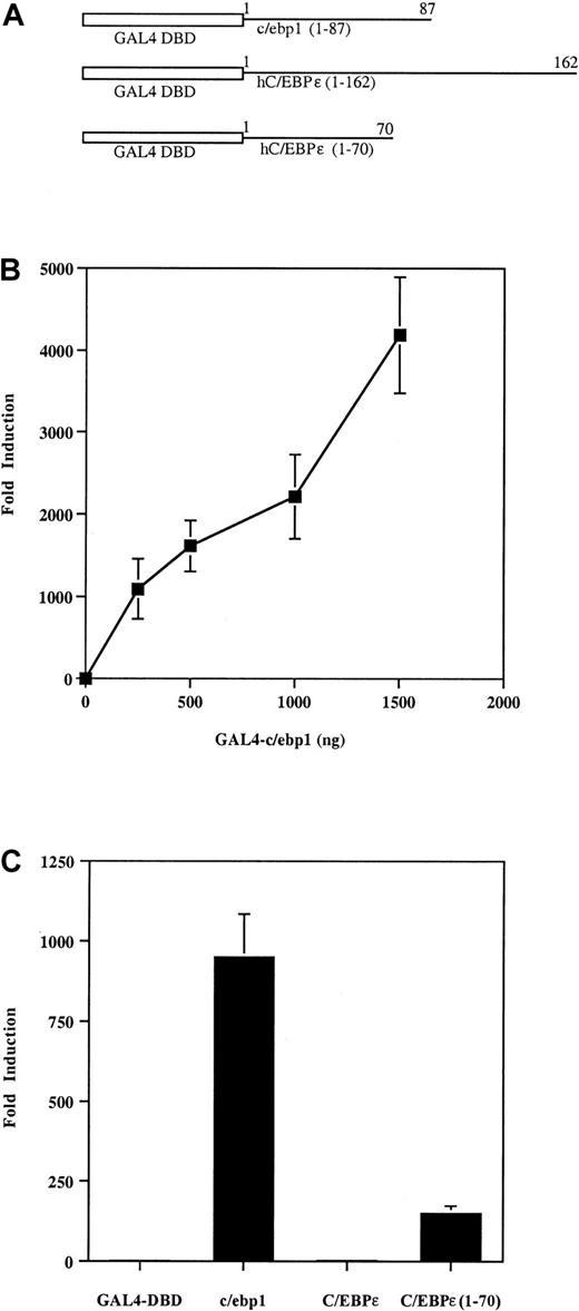 Fig. 7. Transcriptional activation activity of the amino terminus of c/ebp1. / (A) The GAL4 DNA-binding domain (GAL4 DBD) from yeast was fused to the cDNAs encoding regions of c/ebp1 or human C/EBPε, as indicated. (B) Transfection with increasing amounts ofGAL4-c/ebp1 (1-87) as indicated. (C) Transfection with 500 ngGAL4-c/ebp1 (1-87): c/ebp1; human C/EBPε (1-162): C/EBPε; or human C/EBPε (1-70): C/EBPε (1-70). NIH3T3 cells were transfected with 1 μg GAL4-luc reporter and various expression constructs. Transfections were normalized by cotransfection with a β-galactosidase expression vector and samples were all transfected in duplicate. The experiments shown in panels B and C are representative of 3 independent transfections. The y-axes represent fold inductions by the expression constructs relative to induction by a GAL4 DBD vector without an activation domain.