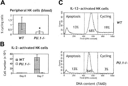 Fig. 5. Reduced proliferation in. / PU.1−/− NK cells. (A) Blood cells were isolated from chimeras 4 weeks after the transfer of FL-HSCs. The figure indicates the mean and standard deviation of cycling NK cells in 6 WT and 6 PU.1−/− chimeras; *P = .008. (B) Freshly sorted NK cells from spleen of chimeras were plated at 2 × 104 cells/well and expanded in IL-2 for 7 days, and thereafter counted. (C) The same cells were replated at 105 cells/well and further stimulated with IL-12 overnight. For detection of apoptotic and proliferating NK cells, cells were stained with mAbs specific for NK1.1-PE and further stained with 7-AAD to reveal the DNA content. Proliferating cells (in G2/M) contain more DNA, whereas cells dying by apoptosis are hypodiploid.