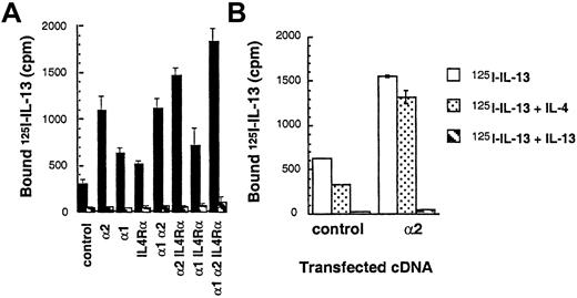 Fig. 1. 125I–IL-13 binding to CHO-K1 and T98G cells transfected with the IL-13Rα2, IL-13Rα1, IL-4Rα, and γc chains. / cDNA for various receptor chains (6 μg/chain) was transfected into cells (1 × 106) by using GenePORTER reagent for 48 hours. For the IL-13 binding assay, 1 × 106 transfected cells were incubated with 200 pmol/L of 125I–IL-13 with or without a 200-fold molar excess of unlabeled IL-13 (A) or control CHO-K1 and IL-13Rα2–transfected cells with IL-13 or IL-4 (B). Binding assays were performed in 2 separate experiments. Cell bound radioactivity was determined as described in “Materials and methods.”