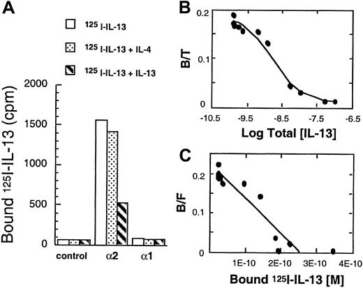 Fig. 2. 125I–IL-13 binding to T98G cells transfected with IL-13Rα1 or IL-13Rα2 chains. / cDNA for receptor chains (6 μg/chain) was transfected into T98G cells (1 × 106) by using GenePORTER reagent for 48 hours. For the IL-13 binding assay, 1 × 106 cells were incubated with 200 pmol/L of 125I–IL-13 with or without a 200-fold molar excess of unlabeled IL-4 or IL-13 (A). Displacement curve (B) and Scatchard data (C) with T98G cells transfected with IL-13Rα2 chain were analyzed by the LIGAND program.
