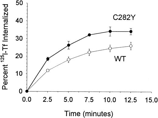 Fig. 7. TfR-mediated internalization of Tf is greater in C282Y cells. / The percentage of cell-surface TfR-bound 125I-Tf internalized by cells was determined by centrifuging cells through an acidic buffer at the times shown. The data shown have been normalized for differences in TfR expression between the 2 cell lines. Values shown represent the means ± SE (n = 4-6).