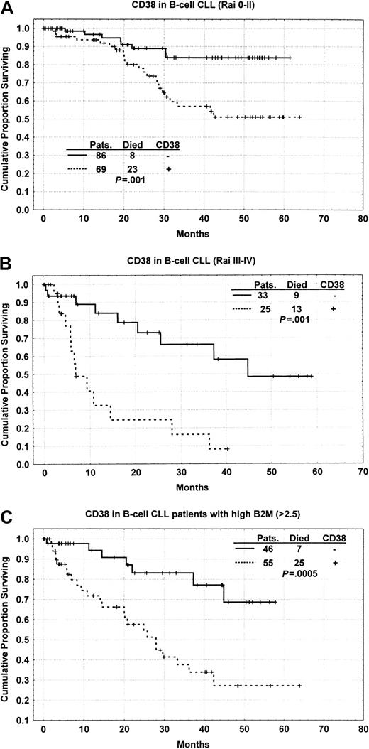 Fig. 4. Length of survival. / (A) Kaplan-Meier curve based on CD38 expression comparing the length of survival among patients with B-CLL stratified as Rai 0-II; the difference is significant at P = .001. (B) Kaplan-Meier curve based on CD38 expression comparing the length survival among patients with B-CLL stratified as Rai III-IV; the difference is significant at P = .001. (C) Kaplan-Meier curve based on CD38 expression comparing length of survival among patients with B-CLL stratified as having a high β2M (greater than 2.5 mg/L) levels; the difference is significant at P = .0005.