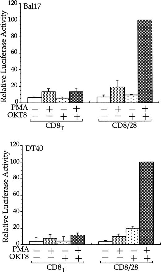 Fig. 1. The cytoplasmic tail of CD28 up-regulates transcription of an RE/AP- based reporter in B cells. / The Bal17 and DT40 B cell lines were transfected with the IL-2 RE/AP reporter and an expression plasmid containing a chimeric molecule containing the extracellular and transmembrane regions of CD8 and the intracellular tail of CD28 (CD8/28) or the extracellular and transmembrane regions of CD8 alone (CD8T). The following day, the 105 live cells were unstimulated or stimulated with PMA (1 ng/mL for DT40 cells and 25 ng/mL for Bal17) and anti-CD8 antibody OKT8 at a 1:1000 dilution of ascites for 6 hours as denoted in the figure. Luciferase activity was standardized to the activation of PMA and OKT8 in CD8/28 transfected cells (n = 100). The actual average luciferase counts for PMA/OKT8 stimulation of RE/AP in CD8/28-transfected cells were 8270 in Bal17 and 80 604 in DT40. The results shown are the average of 3 independent transfections. Error bars reflect the SD from the mean.