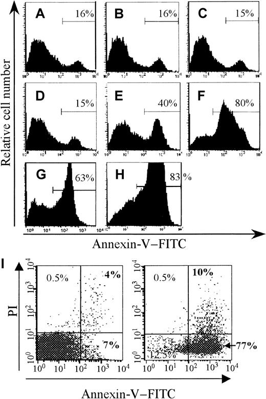 Fig. 1. Induction of splenocyte apoptosis. / Splenocytes (SCs) were submitted to γ-irradiation (40 Gy). Alternatively, SCs were cultivated in complete medium in the presence of Con-A and IL-2 for 3 days and then exposed to a lytic anti-Fas mAb (Jo2). Treated and control (untreated) cells were then washed, resuspended at the same concentration in complete medium, and kept at 37°C and 5% CO2. After different periods of culture, the cells were stained with FITC-conjugated Annexin-V to detect apoptosis induction. The percentage of Annexin-V+ cells is indicated in each histogram. Upper panels represent nonirradiated control cells after 0, 2, and 6 hours of culture (A, B, and C, respectively). Intermediate panels represent γ-irradiated SCs after 0, 2, and 6 hours of culture (D, E, and F, respectively). Lower panels represent SCs after 6 and 24 hours exposure to Jo2 (G and H, respectively). Before infusion, the absence of aggregate and secondary necrotic cells (< 10%) was determined by the trypan blue exclusion method. In some experiments, cells in an advanced stage of death were assessed by using propidium iodide (PI) gating. Panel I shows control cells after 6 hours of culture (left dot plot) and γ-irradiated SCs at the time of infusion (right panel, 77% of cells are apoptotic, PI− and Annexin-V+).