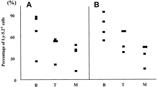 Fig. 3. Hematopoietic reconstitution by 8.5 dpc P-Sp and YS cells cocultured with AGM-S3 cells. / The percentages of Ly-5.2+ cells in B220+ cells (B), Thy-1+ cells (T), and Gr-1/Mac-1+ cells (M) were analyzed in PB of Ly-5.1 recipients engrafted with 8.5 dpc P-Sp (A) and YS cells (B) cocultured with AGM-S3 cells (Table 3) 12 weeks after transplantation.