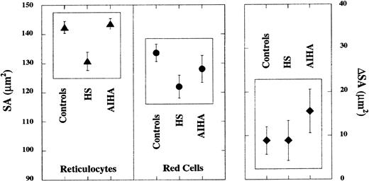 Fig. 3. Reticulocyte and red cell surface area in HS and AIHA. / Surface area of reticulocytes (left panel) and of mature red cells (middle panel) in blood samples from control individuals (n = 12) and individuals with HS (n = 12) or AIHA (n = 7). In HS samples, the surface area of both reticulocytes and mature red cells was decreased compared with controls (P < .0001) whereas in AIHA samples, only the surface area of mature red cells (P = .0053), but not of reticulocytes, was decreased. The extent of difference in surface area between reticulocytes and mature red cells (ΔSA) was similar for HS and controls (right panel). In contrast, the difference in surface area between reticulocytes and mature red cells is larger in AIHA when compared with either normal cells (P = .0022) or with HS cells (P = .0084).