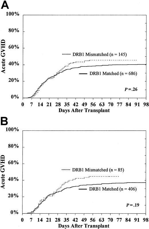 Fig. 2. Probability of grades III-IV acute GVHD according to DRB1 match status among the entire study population. / CML patients (A) and subset of HLA-A, B matched patients in first CP (B).