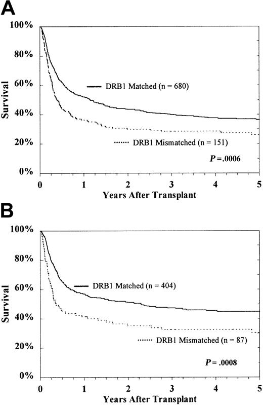 Fig. 5. Kaplan-Meier survival of the entire study population. / CML patients (A) and subset of HLA-A, B matched patients in first CP (B).