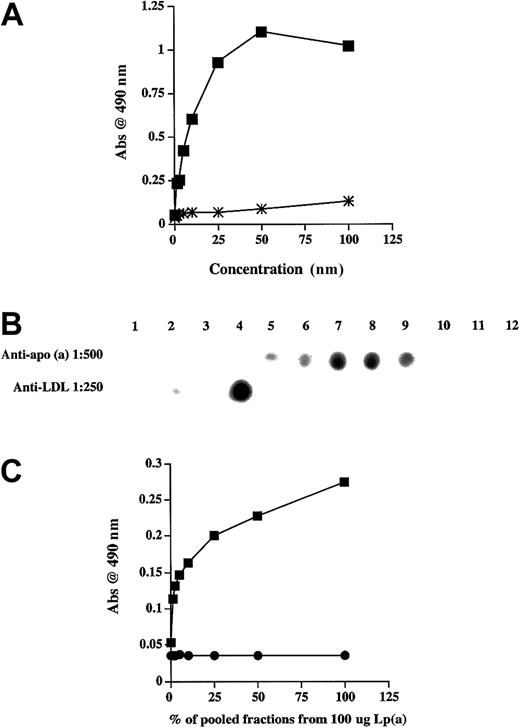 Fig. 2. The apo(a) portion of Lp(a) binds TFPI. / (A) Binding of Lp(a) to rTFPI (▪) and albumin (∗) immobilized on polystyrene wells. (B) Representative dot-blot analysis of Lp(a) ultracentrifugation fractions following DTT reduction, showing Lp(a−) in fraction 4 and apo(a) in fractions 6 to 9. (C) TFPI binding of apo(a) (▪) and Lp(a−) (●) fractions obtained from 100 μg Lp(a) by DTT reduction and gradient ultracentrifugation. Data presented are the mean values from 3 separate experiments.