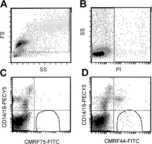 Fig. 1. Standardized flow cytometric assay for DCs. / (A) A wide gating strategy is used to include most peripheral blood cells. (B) Only PI− cells are included. (C) CMRF75-FITC is used as an isotype control. (D) DCs stain positively for CMRF44-FITC but negatively for CD19 PE and CD14 PE.