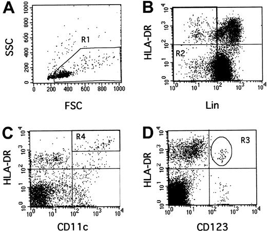 Fig. 1. Rare event analysis of human CD123+ and CD11c+ DCs by flow cytometry. / PBMCs were selected in the R1 gate excluding debris and polynuclear cells (A). Lineage-negative cells were selected in the R2 gate (B). In this combined R1 and R2 gate, CD11c+, HLA-DR++(C, R4) or CD123+, HLA-DR+ (D, R3) events were quantified.