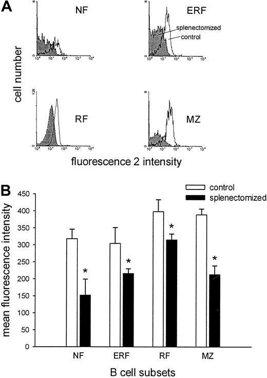 Fig. 2. LFA-1 expression is lower on various blood B-cell subsets in splenectomized animals. / (A) Representative histograms of the LFA-1 expression of NF (IgMhighCD90high), ERF (IgMlowCD90high), RF (IgMlowCD90−), and MZ (IgMhighCD90−) blood B cells in control (white) and splenectomized (gray) animals are demonstrated. (B) The LFA-1 expression of various B-cell subsets in the blood is given as the mean of the mean fluorescence intensity ± SD (n = 5-6 for each group). The asterisk represents a significant difference between the LFA-1 expression of control versus splenectomized animals (Mann-WhitneyU test; P < .05).