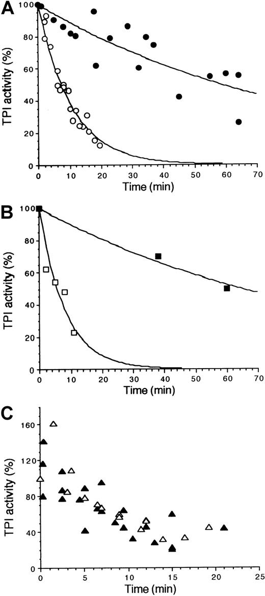 Fig. 3. Thermal stability of TPI at 52°C detected by enzyme activity. Effect of MTs and IOVs on the stability of mTPI. / Decays were fitted by single exponentials as shown by solid lines. (A) Recombinant mTPI (○) and wTPI (●), characterized by t0.5 = 7.0 ± 0.4 minutes and t0.5 = 51.1 ± 7.3 minutes, respectively. (B) TPI activities of hemolyzates from the propositus (■) and control (▪), characterized by t0.5 = 6.3 ± 1.4 minutes and t0.5 = 63.5 ± 5.8 minutes, respectively. (C) Activity of mTPI in the presence of MTs (▵) or IOVs (▴); activity is the reduced activity of mTPI due to the binding to MTs or IOVs.
