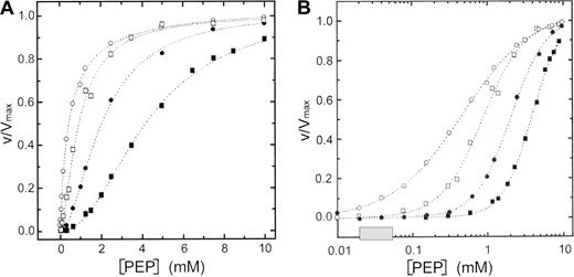 Fig. 4. Steady-state kinetics of wild-type and mutant R510Q RPK in the presence of ATP. / (A) Steady-state kinetics of recombinant wild-type (circles) and R510Q mutant (squares) RPK as a function of PEP in the presence of 1.5 mM ATP (filled symbols). Open symbols are data points obtained in the presence of 1.5 mM ATP plus 30 μM FBP. (B) Semilog plot of the data in panel A to show the difference between the wild-type and mutant protein at physiologic concentration of PEP (shaded box).