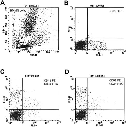 Fig. 3. Expression of CD41 and CD61 on human CD34+cells after incubation with platelets. / Human bone marrow-derived MNCs were incubated with platelets and subsequently evaluated for coexpression of CD34 and CD41 or CD61 antigens. (A) Cytogram of BM MNCs. R1 lymphocytic gate. (B) Cells in R1 stained for CD34 antigen. (C) Expression of CD41 on CD34+cells incubated with platelets. (D) Expression of CD61 on CD34+ cells incubated with platelets. One study representative of 3 is shown.