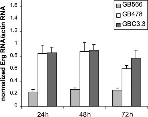Fig. 3. Treatment of HUVECs with the Erg mismatch control GeneBloc 478 does not reduce Erg mRNA levels. / RNA was prepared from HUVECs treated with Erg specific (GB566), Erg mismatch (GB478), and random control (GBC3.3) GeneBlocs for 24, 48, and 72 hours. Shown are levels of Erg mRNA, normalized to actin mRNA, as measured by TaqMan analysis. A ratio of 1 represents Erg mRNA level in untreated HUVECs. Erg expression is inhibited by the Erg-specific GeneBloc but not by the 2 control GB. At the 72-hour point, a small amount of toxicity is observed with the control GeneBloc treatment and may be caused by prolonged treatment with GeneBloc or lipid.
