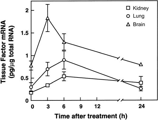 Fig. 4. Induction of TF mRNA expression in lean mice by insulin. / Male lean mice (C57BL/6J+/+) 6 to 8 weeks old were injected intraperitoneally with 10 U human insulin (Himulin) or saline, and various tissues were removed 3, 6, and 24 hours later. Total RNA was prepared and analyzed for TF gene expression by quantitative RT-PCR. n = 3, mean ± SD.