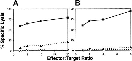 Fig. 2. Donor CTLs generate allospecific cytotoxicity following infusion into recipients. / Representative example of 51Cr lysis results (A) immediately prior to infusion and (B) after transplantation into a DLA-haploidentical recipient. Donor CTLs lysed recipient Con-A blasts at all effector-target ratios studied (solid square with solid line), but had limited or minimal lysis of third-party (solid triangle, broken line) and autologous blasts (X, broken line). GFP+ cells were isolated by FACS cell sorting of peripheral blood on day +6 after transplantation and expanded ex vivo as described in “Material and methods.”