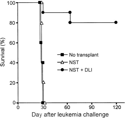 Fig. 5. Donor spleen cell infusions induce potent graft-versus-leukemia effects in mixed chimeras conditioned with Flu-XRT-Cy. / Nonmyeloablative allogeneic stem cell transplantation (NST) was performed by infusing 20 million B10.BR marrow cells on day 0 into B10 mice conditioned with fludarabine 100 mg/kg/day on days −6 to −2, with 200 cGy TBI on day −1, and with Cy 200 mg/kg intraperitoneally on day 3. On day 21, animals who had received transplants received nothing (▵; n = 5) or donor lymphocyte infusion (DLI) consisting of 20 million B10.BR spleen cells IV (●; n = 10). On day 30, all recipients of NST and a group of 5 B10 mice that hadn't received transplants (▪) received an intravenous injection of 2 × 105 C1498 leukemia cells, of B6 origin. Survival was monitored thrice weekly.