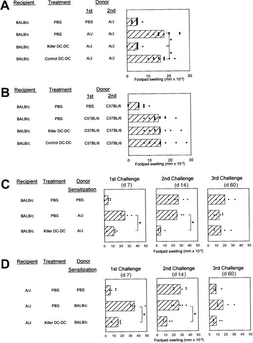 Fig. 5. In vivo impact of killer DC-DC hybrids on allo-DTH responses. / (A,B) BALB/c mice (10 mice/panel/experiment) were immunized by SC injection of spleen cells derived from A/J (A) or C57BL/6 mice (B) on day 0 and challenged with the same antigens in the right hind footpad on day 7. These animals received IV injections of PBS alone, killer DC-DC hybrids (clone 8), or control DC-DC hybrids on days −6, −4, 0, 3, and 6. Data are representative of 2 independent experiments, showing the individual data points and the means ± SD of footpad swelling on day 8. (*P < .01; brackets indicate groups being compared.) (C,D) BALB/c mice (C) or A/J mice (D) (5 mice/panel/experiment) were initially immunized on day 0 by SC injection of spleen cells isolated from the indicated allogeneic strain or PBS alone. All animals were subsequently challenged with allogeneic spleen cells on days 7, 14, and 60. These animals were treated with IV injections of PBS alone or killer DC-DC hybrids (clone 8) on days −6, −4, 0, 3, and 6. Data are representative of 2 independent experiments, showing the individual data points and the means ± SD of footpad swelling at 24 hours after each challenge. (*P < .01; brackets indicate groups being compared.)
