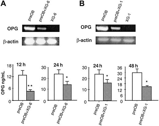 Fig. 5. HMCLs decrease the OPG mRNA expression and OPG secretion in coculture. / Effect of HMCLs XG-6 (A) and XG-1 (B) on OPG mRNA expression by RT-PCR and OPG protein in a coculture system at different times of culture. Aliquots of conditioned media were assessed for OPG levels by ELISA. Graphics represent the mean levels ± SE of 6 repeated experiments. *P = .01; **P = .001.