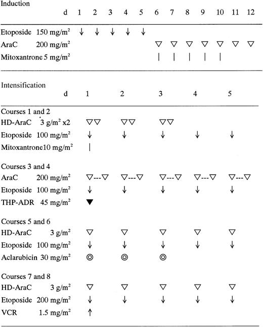 Fig. 1. Treatment scheme of the ANLL91 regimen for infant AML. / The use of each drug was as follows. Induction: etoposide, 2 hours drip IV (intravenous) for 5 days; cytarabine (AraC), 2 hours drip IV for 7 days; mitoxantrone, IV for 5 days. Courses 1 and 2: HD-AraC, 3 hours drip IV twice a day for 3 days; etoposide, 2 hours drip IV for 5 days; mitoxantrone, IV. Courses 3 and 4: AraC, 20 hours drip IV for 5 days; etoposide, 2 hours drip IV for 5 days; THP-ADR, 2 hours drip IV. Courses 5 and 6: HD-AraC, 3 hours drip IV for 5 days; etoposide, 2 hours drip IV for 5 days; aclarubicin, IV for 3 days. Courses 7 and 8: HD-AraC, 3 hours drip IV for 5 days; etoposide, 2 hours drip IV for 5 days; VCR, IV. As a CNS prophylaxis, intrathecal methotrexate, Ara-C, and hydrocortisone were used in induction and each course of intensification therapy.