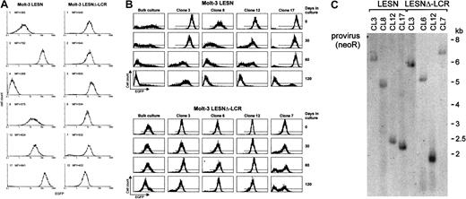 Fig. 7. Homogeneous and long-term expression of the EGFP reporter gene by independent clones of Molt-3 cells transduced by the retroviral vector carrying the CD2 LCR. / (A) Target cells were transduced with the LESN or the LESNΔ-LCR retroviral vectors generated by transient transfection of 293T cells and selected in G418-containing medium for 4 weeks. After G418 selection, clones of both cultures were obtained by plating at low density (0.3 cells/well) and were analyzed for EGFP expression. MFI for each clone is indicated. (B) Long-term analysis of EGFP expression in vitro in the absence of G418 selective pressure by bulk cultures and representative LESN- or LESNΔ-LCR–transduced Molt-3 clones. (C) Southern blot analysis of proviral DNA shows independent and unique integration sites. Genomic DNA isolated from the clones was digested with XhoI/HindIII, which cut flanking cellular sequences and (once) the proviral DNA, upstream of the neoRgene, and was analyzed by Southern blotting with a probe for neoR.