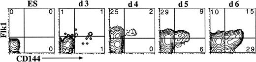Fig. 2. Temporal analysis of Flk1 surface expression during differentiation of ES cells. / Flow cytometric analysis of Flk1 and CD144 surface expression from days 3 to 6 ES-cell/OP9 cocultures is shown. Undifferentiated ES cells (left panel) did not express Flk1 or CD144.