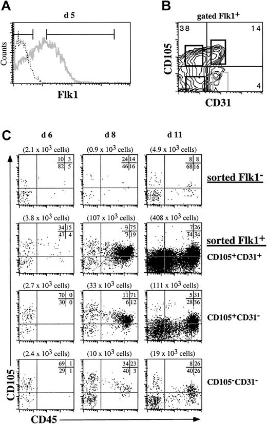 Fig. 3. Hematopoietic potential in Flk1+ fractions from ES-cell/OP9 cocultures. / (A) Day-5 ES-cell/OP9 cocultures were analyzed for Flk1 surface expression (solid line). Staining with control monoclonal antibody (dotted line) is also shown. (B) Flk1+-gated cells were analyzed for the surface expression of CD105 and CD31. (C) Flk1− and Flk1+ cells were isolated from day-5 ES-cell/OP9 cocultures. Flk1+ cells were further fractionated into CD105+CD31+, CD105+CD31−, and CD105−CD31− subsets. An equal number of cells were sorted from each subset, reseeded onto OP9 cells, and analyzed by flow cytometry on subsequent days (with day 0 corresponding to the start of the coculture). The CD45−CD105−quadrants include OP9 stromal cells (d6-d11), and erythrocytes (d11). The total number of cells obtained from each coculture is indicated in parentheses.