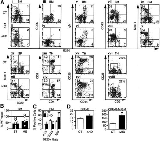 Fig. 3. cux/CDP ΔHD/ΔHD mice have defects in lymphoid and myeloid development. / Flow cytometry for lineage- and stage-specific cell surface markers was performed on cells isolated from wild-type/heterozygous (CT) and homozygous (ΔHD) bone marrow (BM), spleen (SP), and thymus (TH) from mice 2 to 5 weeks of age. (A) Representative FACS plots for each set of markers are shown for cells within viable gates for bone marrow and spleen and a viable lymphocyte gate for thymus. Analysis of CD25 and CD44 staining in thymus also included a lineage-negative gate. (B) Frequencies of pre-B colony-forming units in control and homozygous bone marrow were determined using stroma and IL-7 (ST) for pro-B/pre-BI cells and methylcellulose and IL-7 (ME) for pre-BII cells. Data are expressed as the percentage ofcux/CDPΔHD/ΔHD colonies obtained relative to control samples. (C) Comparison of the percentages of B-lineage bone marrow cells within a B220+ viable gate staining positive for differentiation-specific antigens c-Kit (pro-B/pre-BI), CD25 (pre-BII), and IgM (immature/mature). (D) Comparison of the numbers of erythroid (BFU-E) and myeloid colony-forming units (CFU-G/M/GM), which include granulocyte, macrophage, and mixed colonies. Studentt test P less than .05 is indicated with one asterisk and less than .005 with 2 asterisks.