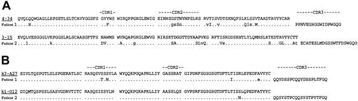 Fig. 4. Deduced amino acid sequences of HCV-associated lymphoma VHand VL genes. / The amino acid sequences of the most homologous germline genes are shown above the lymphoma sequences (VH, panel A; VL, panel B). Amino acid replacement mutations are indicated by uppercase letters and silent mutations are indicated by lowercase letters.
