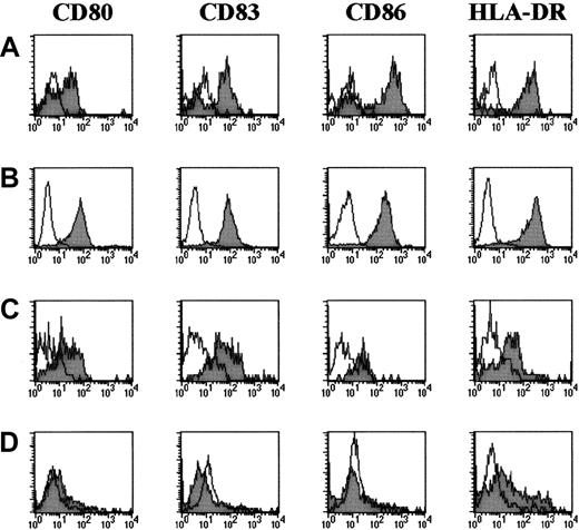Fig. 5. Maturation capacities of MDCs and PDCs isolated from patients after in vitro culture. / (A,C) The 2 DC subsets CD11c+ILT3+ (MDCs) and CD11c−ILT3+ (PDCs) were sorted from the blood of healthy individuals or (B,D) from leukemic patients and analyzed by flow cytometry after 72 hours of culture with either GM-CSF, IL-4, and CD40L (MDCs) or IL-3 and CD40L (PDCs) for their expression of DC marker CD83 and costimulatory molecules. (A) MDCs and (C) PDCs isolated from healthy volunteers acquired the expression of CD83 and expressed the costimulatory molecules (CD80 and CD86). (B) In leukemic patients, the MDC subset could acquire CD83 and the costimulatory molecules CD80 and CD86. (D) PDCs from leukemic patients never acquired CD83 or costimulatory molecules. Open histograms represent cells stained with isotype-matched control mAbs. Results indicated are representative of those obtained from 4 healthy donors and 5 patients.