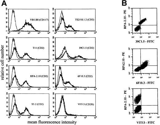 Fig. 4. Expression of CD2 epitopes on HMC-1 cells. / HMC-1 cells were incubated with mAbs against different epitopes of CD2. (A) A single-color flow cytometry experiment. As visible, HMC-1 reacted with various CD2 mAbs, including those directed against T11-1 (39C1.5) and T11-2 epitopes (6F10.3). However, HMC-1 cells did not react with mAb VIT13 directed against the T11-3 epitope of CD2. (B) A multicolor staining experiment performed with the PE-labeled mAb RPA-2.10, the FITC-labeled mAb 39C1.5, FITC-labeled mAb 6F10.3, and FITC-labeled mAb VIT13. Multicolor staining confirmed that the CD2 epitopes T11-1 (39C1.5) and T11-2 (6F10.3) are coexpressed on the same (identical) subset of HMC-1.