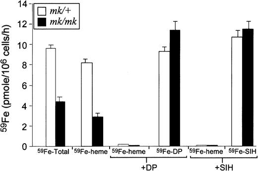 Fig. 2. Rates of iron uptake and heme synthesis, SIH- and DP-interceptable Fe in reticulocytes obtained from. / mk/+ or mk/mk mice.Tf-associated Fe uptake and its subsequent utilization for heme synthesis as well as Fe release from Tf and its subsequent reduction in the endosomal lumen of mk/mk reticulocytes were investigated using Tf- labeled with 59Fe and 2 membrane permeable Fe chelators, SIH (binds Fe+++ and Fe++) and DP (binds Fe++ only). The results obtained withmk/mk reticulocytes (black bars) were compared with those obtained using reticulocytes from EPO-treated mk/+ mice (white bars). Compared to mk/+, in mk/mkreticulocytes, total cellular 59Fe uptake and the rate of heme synthesis are reduced whereas the rate of 59Fe transfer from 59Fe-Tf to DP or SIH are unchanged .