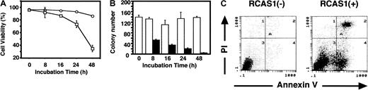 Fig. 2. RCAS1 induces apoptosis of ECFCs. / Day 7 ECFCs (5 × 105cells/mL) were incubated with or without nRCAS1 (40 μg/mL) in the presence of rhEPO and rhSCF, and viability, colony-forming capacity, and apoptosis were measured at the indicated times. (A) Viability of ECFCs with (■) or without (○) nRCAS1 was determined by trypan blue exclusion, using a hemocytometer. (B) Plasma clot assays for colony-forming capacity of day 7 ECFCs after incubation in liquid media with (▪) or without (■) nRCAS1. After incubation for indicated periods, the cells were transferred for plasma clot assays and incubations were carried out for another 7 days. The number of colonies was measured after benzidine staining. (C) After liquid culture for 36 hours with (right panel) or without (left panel) nRCAS1, apoptotic cells were detected by measuring membrane redistribution of phosphatidylserine, using annexin V–FITC, and staining with PI. Figure 2C shows representative data from 10 independent experiments.