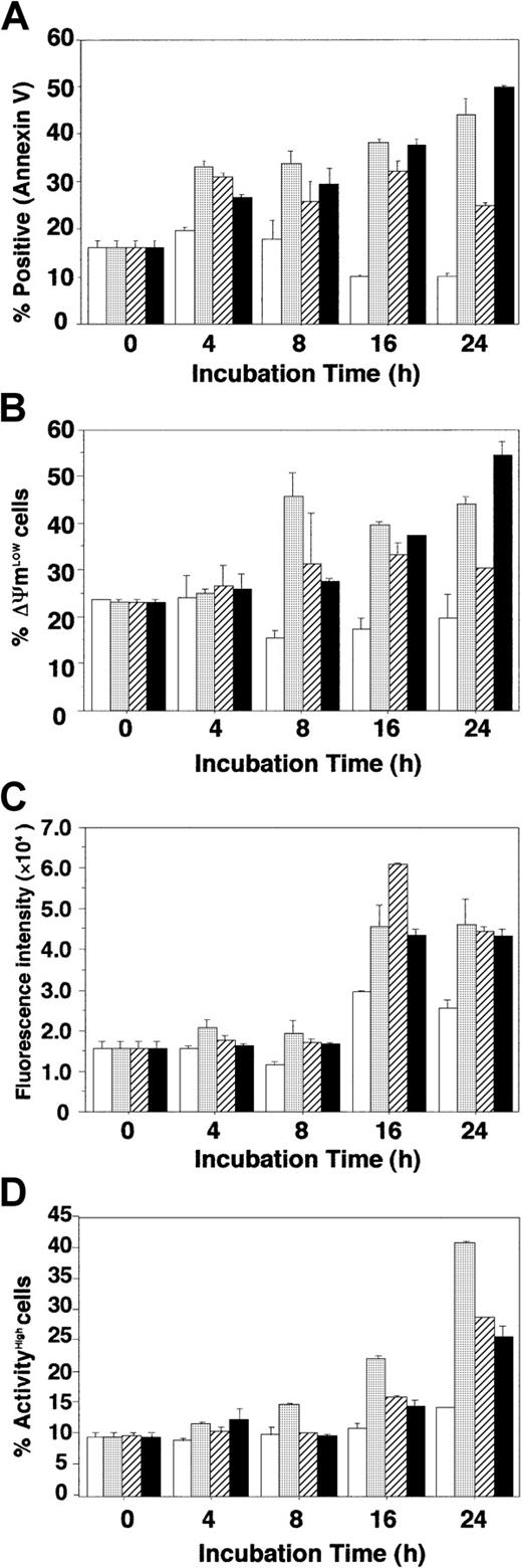 Fig. 4. Kinetics of RCAS1 signaling in ECFCs. / Day 7 ECFCs were cultured with (■) or without (░) rhEPO (2 U/mL), or with CH-11 (500 ng/mL; ▨) plus rhEPO, or with nRCAS1 (40μg/mL; ▪) plus rhEPO. Each point shows the mean ± SD of triplicates. (A) Detection of apoptotic cells. Apoptotic cells were determined using annexin V staining at the indicated times. (B) Loss of mitochondrial transmembrane potential (ΔΨm). Cells (1.0 × 105) were incubated with 40 nM 3,3′-dihexyloxacarbocyanine(DiOC6) for 15 minutes at 37°C, and pelleted by centrifugation. Cells resuspended in 500 μL PBS were analyzed by flow cytometry. (C) Activation of caspase 8. Lysates from 1 × 106 cells were incubated with fluorogenic substrate (IETDAFC) for 60 minutes at 37°C in buffer containing 5 mM dithiotreitol. Samples were then analyzed using a multilabel counter at 535 nm. (D) Activation of caspase 3. Cells (1 × 106) were washed twice with PBS, and 50μL substrate solution (10 mM; GDEVDGI) was added, prior to incubation for 60 minutes in a 5% CO2, 95% air incubator at 37°C. Ice-cold flow cytometry solution (500 μL) was added to each sample followed by flow cytometry analysis.