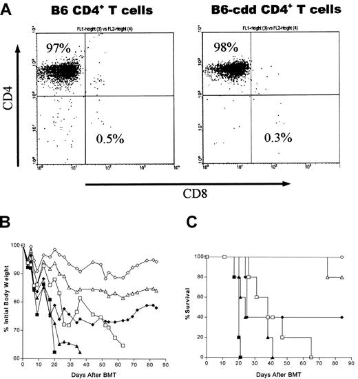 Fig. 2. Allogeneic TCD marrow plus highly enriched B6-cdd donor CD4+ T cells induce GVHD-associated weight loss and lethality in BALB/c recipients. / (A) Enrichment of B6 and B6-cdd CD4+ T cells used for BMT. Spleen and lymph node cells were positively selected by means of the Macs system. The enriched T-cell population was stained with anti-CD4 and anti-CD8 mAbs and analyzed with a FACScan. The percentage of contaminating CD8+ cells in each experiment ranged from 0.3% to 1.1%. Comparable results (data not shown) were obtained with the use of Dynal magnetic beads. (B) CD4+ T cells from B6-cdd donors induced weight loss in allogeneic BALB/c BMT recipients. BALB/c recipients (5 per group) irradiated with 8.5 Gy were transplanted with 5 × 106 B6-Ly5.1 TCD–bone marrow cells by means of varying numbers of CD4+ T cells from either wild-type B6 or B6-cdd donors as indicated. Total body weights of recipients were monitored following BMT. Compared with wild-type B6 CD4+ T cells, transplantation of equivalent numbers of B6-cdd CD4+ T cells induced delayed and milder weight loss in BALB/c recipients. (C) CD4+ T cells from B6-cdd donors can affect lethality in BALB/c BMT recipients. The BMT recipient groups described in Figure 2B were examined for survival after transplantation. Recipients of 2.5 × 106 and 1 × 106 B6-cdd CD4+ T cells exhibited mortality. However, there was a significant delay in these groups compared with recipients of wild-type B6 CD4+ T cells (P = .0002). ■, 2.5 × 106 B6-cdd; ▵, 1.0 × 106 B6-cdd; ◊, 2.5 × 106 B6-cdd; ■, 2.5 × 106 B6; ▴, 1.0 × 106 B6-wt; and ⧫, 0.25 × 106 B6 donor CD4+ T cells.
