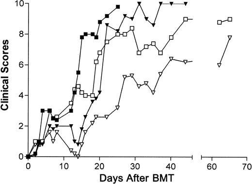 Fig. 4. Clinical signs of GVD in recipients of B6-cdd CD4 T cells. / Recipients of B6-cdd CD4 T cells exhibited clinical signs of GVHD (weight loss, diarrhea, fur texture, posture, and alopecia). Clinical changes (maximum score, 10) associated with GVHD were assessed by means of a scoring system described in “Materials and methods.” Recipients of 5 × 106 B6-cdd CD4+ T cells exhibited a clinical score of 8 within 21 days of BMT (data not shown). ▪, 2.5 × 106 B6; ▾, 0.25 × 106 B6; ■, 2.5 × 106 B6-cdd; ▿, 0.25 × 106B6-cdd donor CD4+ T cells.