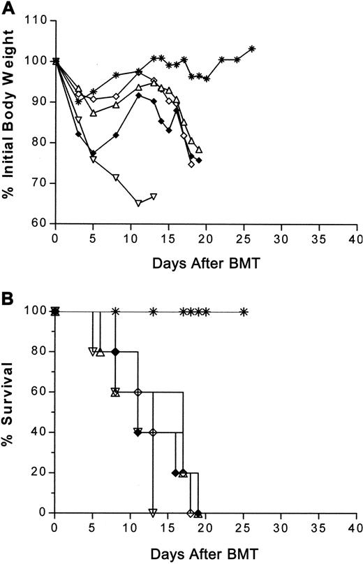 Fig. 7. Effect of high-dose irradiation. / High-dose irradiation conditioning abolished the delay of GVHD-induced weight loss and lethality by B6-cdd compared with B6 donor CD4+ T cells. Highly enriched CD4+ cells were obtained as described in Figure 6. Then, 1 × 106 donor CD4+ T cells from B6 (♦), B6-pko (▿), B6-gld (▵), and B6-cdd (⋄) donors were combined with 5 × 106 TCD B6-Ly5.1 bone marrow cells and injected into BALB/c recipients (5 per group) that had been irradiated at 11-Gy TBI 24 hours earlier. Weight loss (A) and lethality (B) were monitored. ∗ indicates BM only.