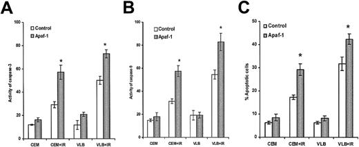 Fig. 8. Irradiation-induced activation of caspases and apoptosis. / Cells were exposed to irradiation (100 Gy) and further cultured for 6 hours. (A) Activity of caspase-3. (B) Activity of caspase-9. (C) Percentage of apoptosis. Apaf-1–transfected cells were statistically significantly more sensitive than wild-type cells (*P < .001).