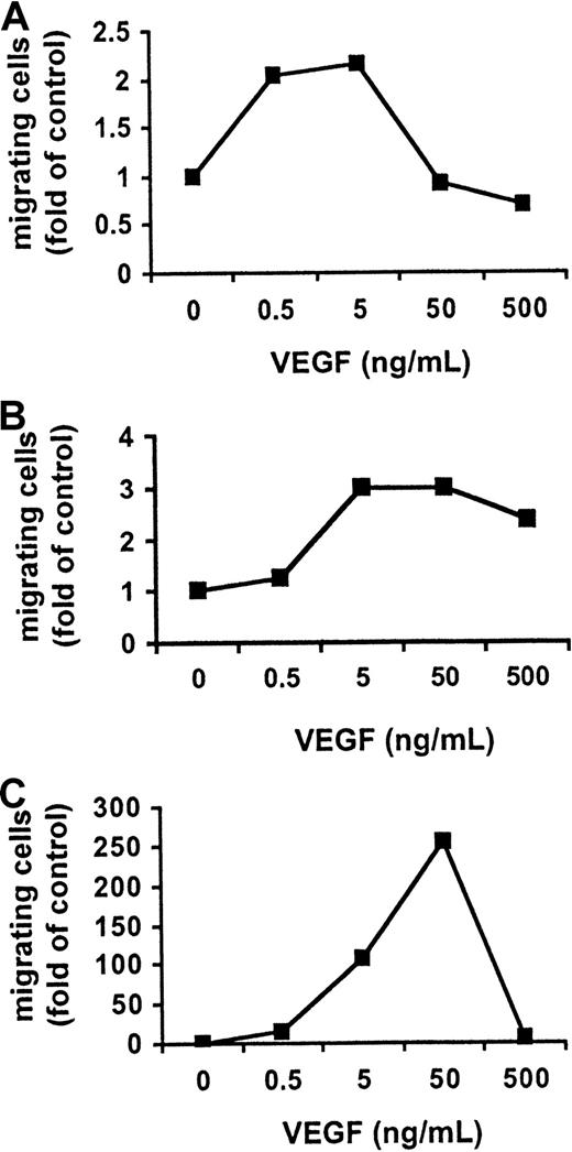 Fig. 3. Effect of VEGF on MM and PCL cell migration. / VEGF activates cell migration in MM and PCL cells. Growth-factor–deprived MM.1S (panel A), patient MM (panel B), and patient PCL (panel C) cells were plated on a polycarbonate membrane (8-μm pore size) in a modified Boyden chamber and exposed for 4 hours to VEGF (0.5 to 500 ng/mL) added to the lower chamber. At the end of the treatments, cells on the lower part of the membrane were counted with a Coulter counter ZBII. The results shown for MM.1S cells are representative of 3 independent experiments.
