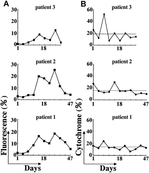 Fig. 5. Change of active oxygen-generating ability in patients' neutrophils and surface cytochrome. / b558 expression after IFN-γ treatment. Active oxygen production in neutrophils obtained from the patients at the indicated days after IFN-γ treatment was analyzed by flow cytometry using DHR-123 as a fluorescence probe and PMA as a stimulus. (A) Increase in fluorescence intensity in comparison to control cells was estimated and expressed as percent increase in mean fluorescence. (B) Surface expression of cytochromeb558 in neutrophils at the indicated days were analyzed by flow cytometry after staining with anticytochromeb558 monoclonal antibody 7D5. The lines indicate the mean values.