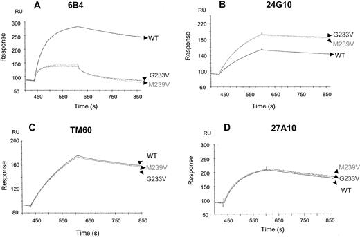 Fig. 7. Binding of anti-GPIb mAbs to recombinant GPIbα fragments. / mAbs 6B4 (A), 24G10 (B), TM60 (C), and 27A10 (D) were bound to wild-type and mutated (G233V and M239V) rGPIbα fragments by Biacore. Wild-type or mutated rGPIbα (H1-R280) fragments (100 nmol/L) were injected for 180 seconds, followed by injection of the anti-GPIb mAbs (50 nmol/L) for 180 seconds, and injection of flow buffer thereafter for another 300 seconds. TM60 and 27A10 bound equally well to both mutants. mAb 6B4 had markedly reduced affinity, whereas mAb 24G10 had enhanced affinity.