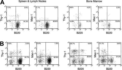Fig. 10. Comparison of the hematopoietic progeny in the secondary recipients 4 weeks after IV transfer of cells from thymus and from blood of the primary recipients. / T-cell– and mature B-cell–depleted BM cells from C57BL/6 (Ly-5.2) mice were injected intravenously into lethally irradiated primary Ly-5.1 recipient mice. Four days after primary transfer, thymus cells and blood cells were harvested from the primary Ly-5.1 recipients and injected intravenously, respectively, into lethally irradiated secondary Ly-5.1 recipients as described in Figure 5. Four weeks after reconstitution, donor-derived cells in the spleen plus lymph nodes and in the BM of the secondary recipients were analyzed by flow cytometry using the procedures described in “Materials and methods.” Stainings for lineage markers on the Ly-5.2+ donor-derived cells in the secondary recipients transferred with the thymus cells of primary recipients are shown in panel A. Stainings for lineage markers on the Ly-5.2+ donor-derived cells in the secondary recipients transferred with the blood of primary recipients are shown in panel B.